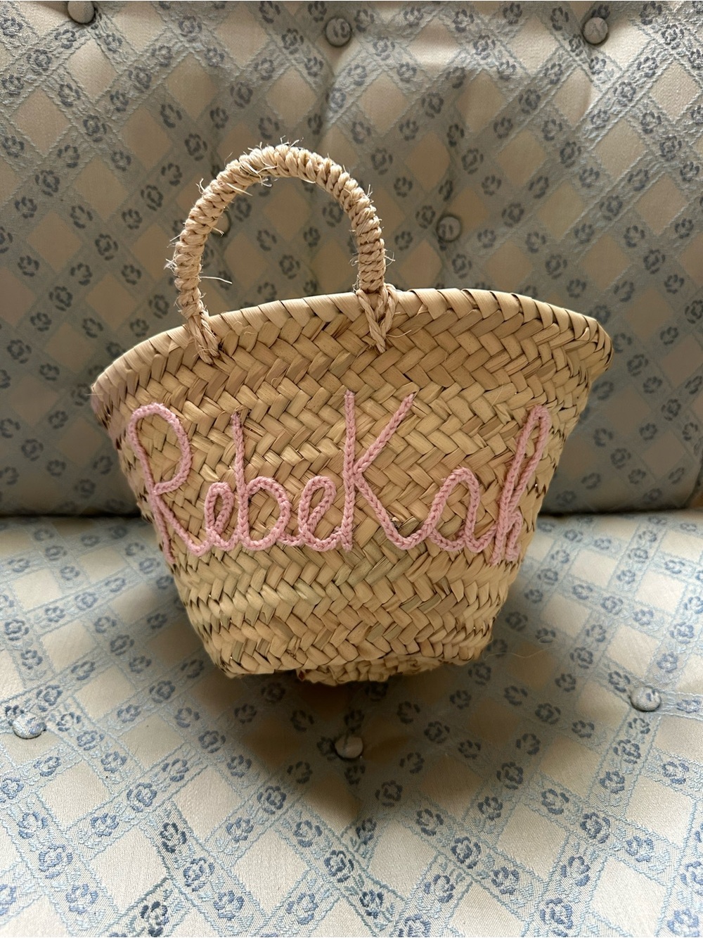 Personalized Moroccan Straw Basket with “Rebekah” in pink crochet